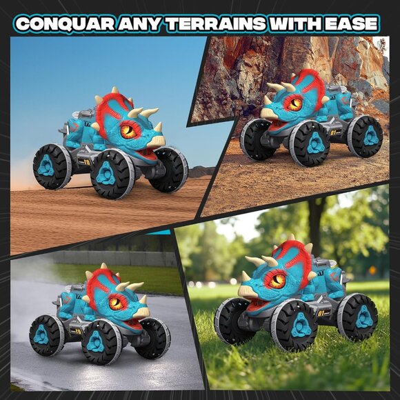 Remote Control Dinosaur Car Toy Blue Light Music Roar Spray RC Truck for Kids - Picture 3 of 7